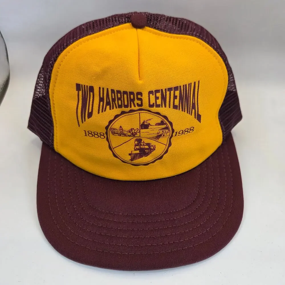 Vintage 1988 Two Harbors Centennial Snapback Trucker Hat USA Foam Mesh Cap